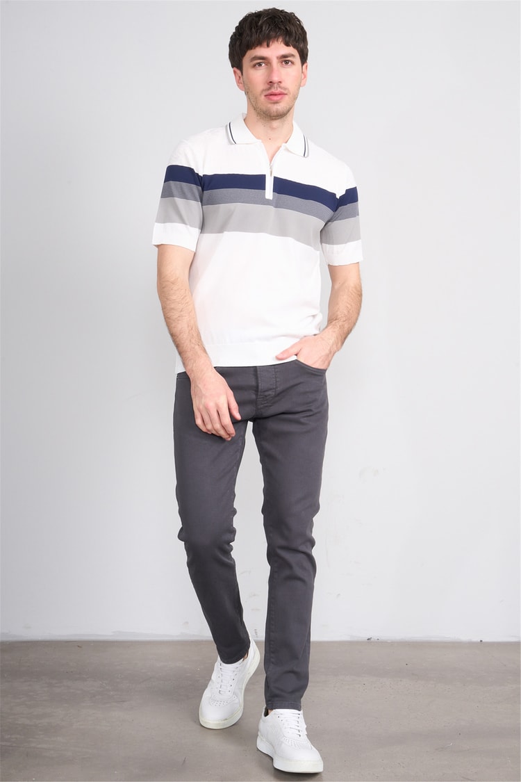 C.K Y26 811 Beyaz Erkek Triko Fermuarlı Polo Yaka Çizgilı Tişört M-Xxl