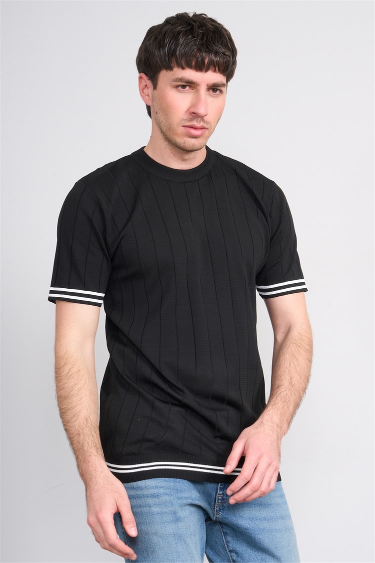 C.K Y26 828 Siyah Erkek Triko Bisiklet Yaka Nakış Detaylı Şeritli Tişört M-Xxl