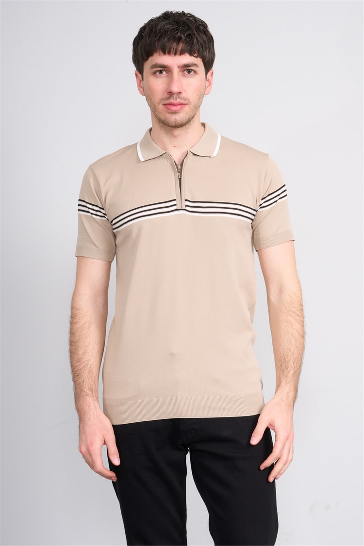 C.K Y26 805 Kahverengi Erkek Triko Fermuarlı Çizgi Detaylı Polo Yaka Tişört M-Xxl
