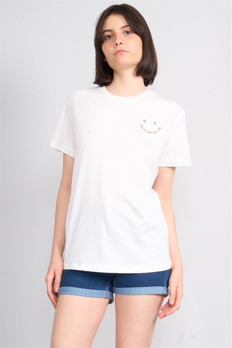 C.K Y26 8959 Fithit Byn B.Yk Regular Nakışlı T-shirt Krem