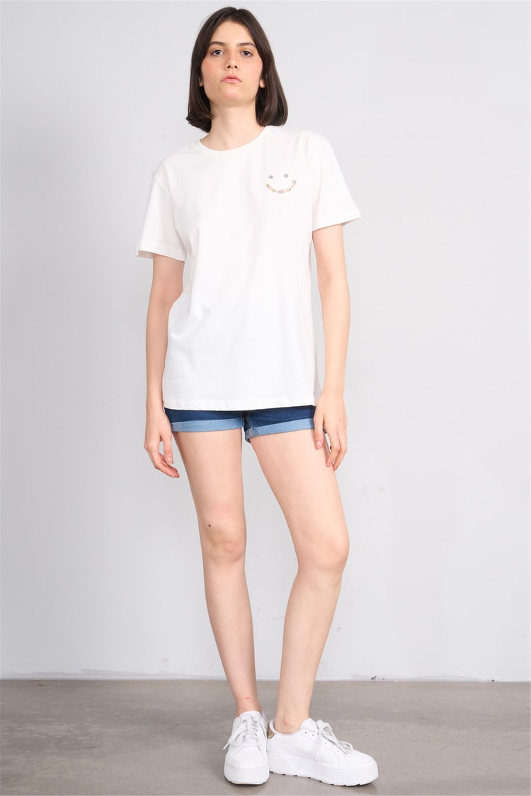 C.K Y26 8959 Fithit Byn B.Yk Regular Nakışlı T-shirt Krem