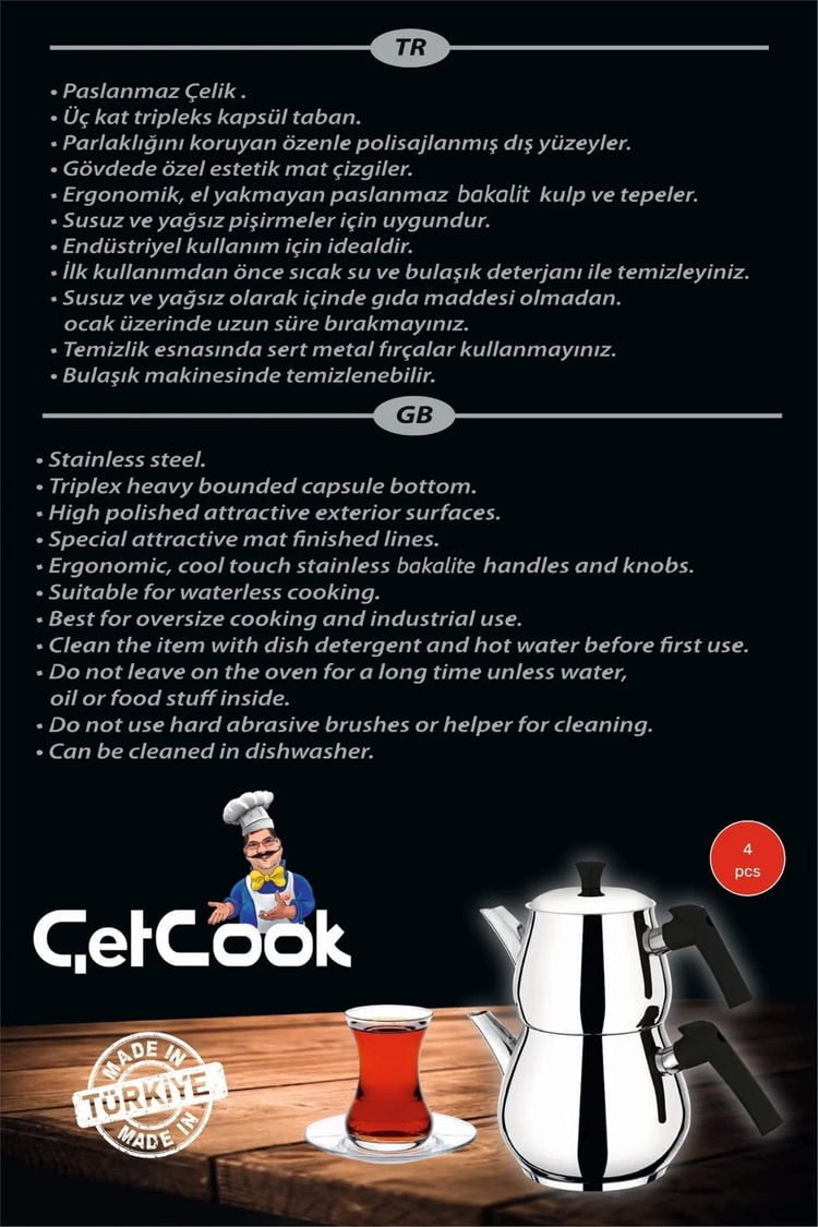 Çetcook Damla Aile Boy Paslanmaz Çelik Çaydanlık Takımı 1.20L Üst – 2.00L Alt