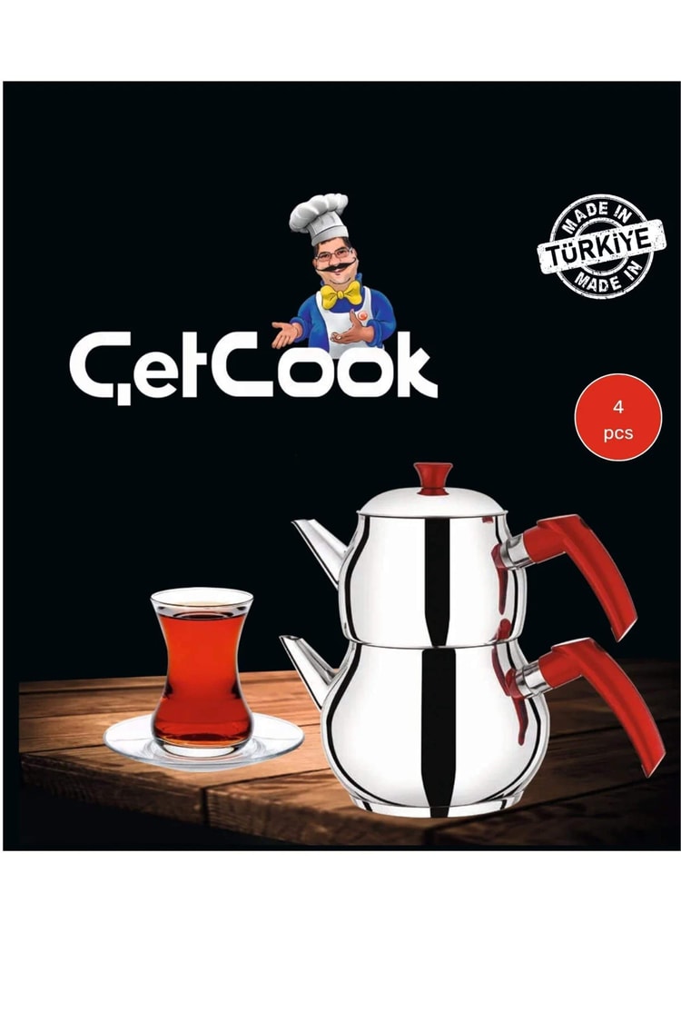 Çetcook Küre Orta Boy Bordo Bakalit Kulplu Paslanmaz Çelik Çaydanlık Takımı 1.00L Üst – 1.80L Alt