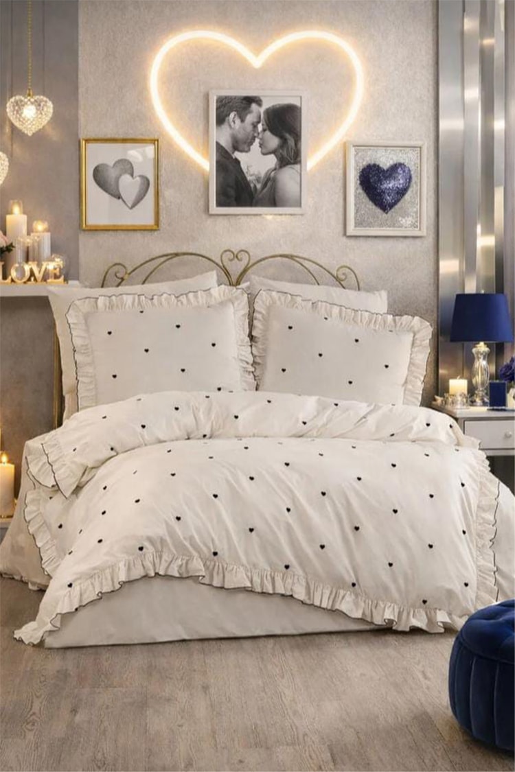 CETHOME Valentine Love Nakışlı 6 Parça Çift Kişilik Nevresim Takımı Lacivert