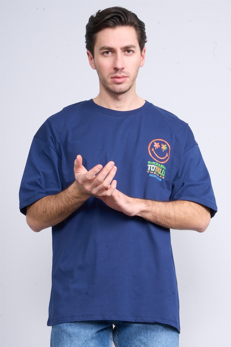Çetinkaya Chester Polo 3847 Bisiklet Yaka Penye Regular Baskılı T-shirt Açık Lacivert