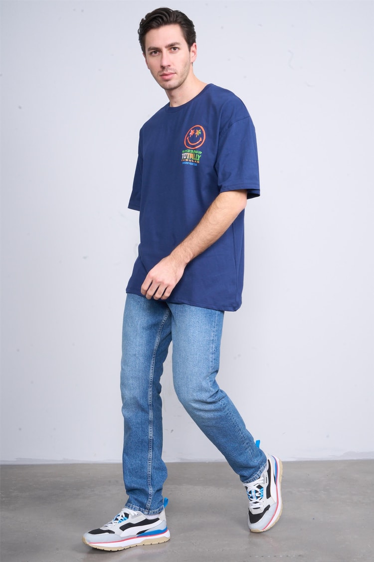 Çetinkaya Chester Polo 3847 Bisiklet Yaka Penye Regular Baskılı T-shirt Açık Lacivert