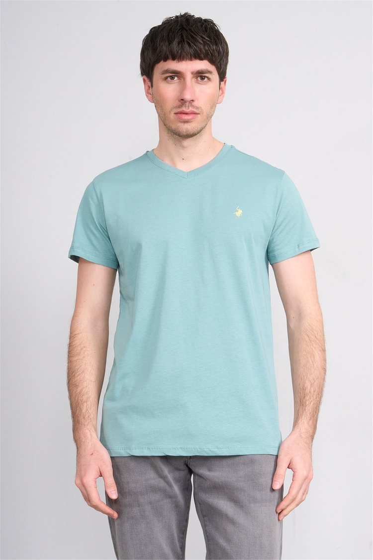 Çetinkaya Chester Polo 4505 V Yaka Slimfit Nakışlı T-shirt Açık Petrol