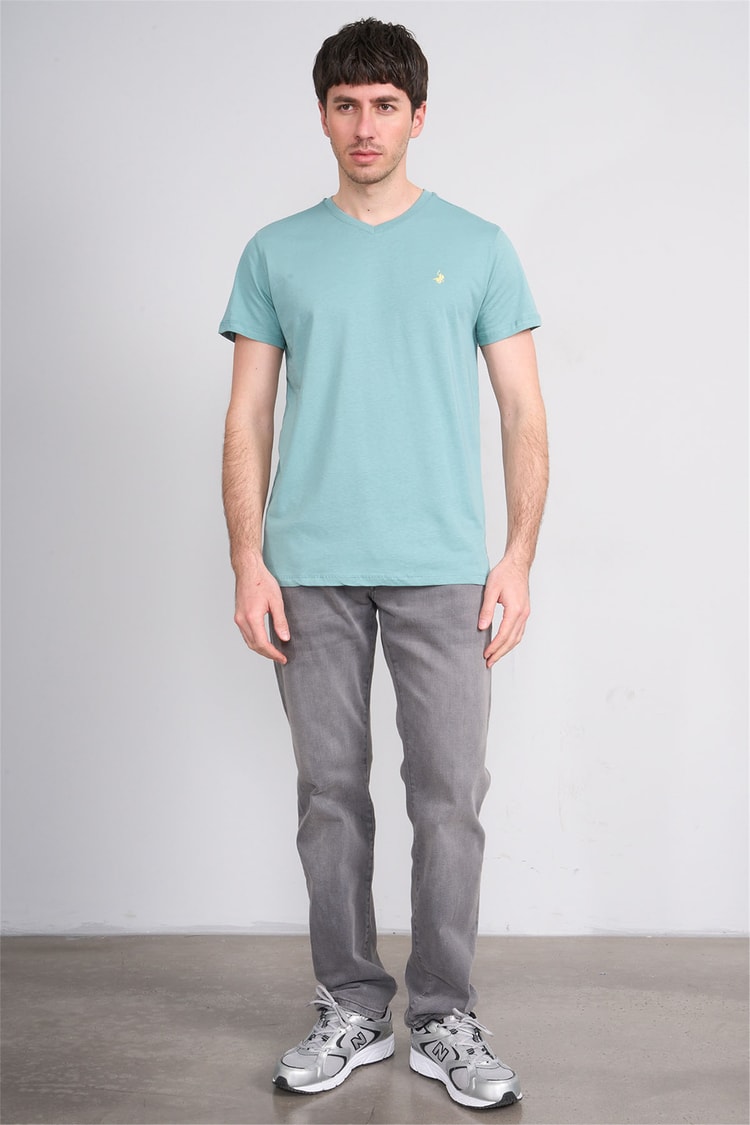 Çetinkaya Chester Polo 4505 V Yaka Slimfit Nakışlı T-shirt Açık Petrol