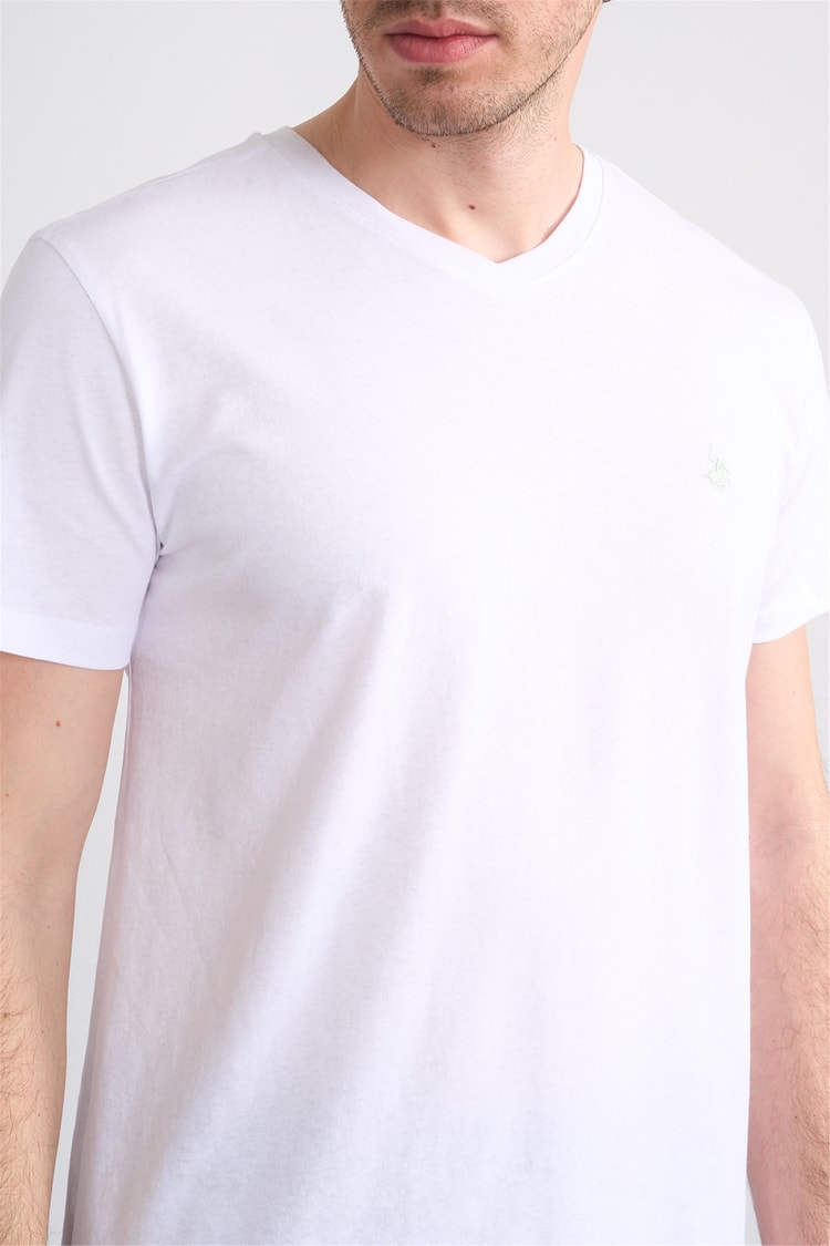 Çetinkaya Chester Polo 4505 V Yaka Slimfit Nakışlı T-shirt Beyaz