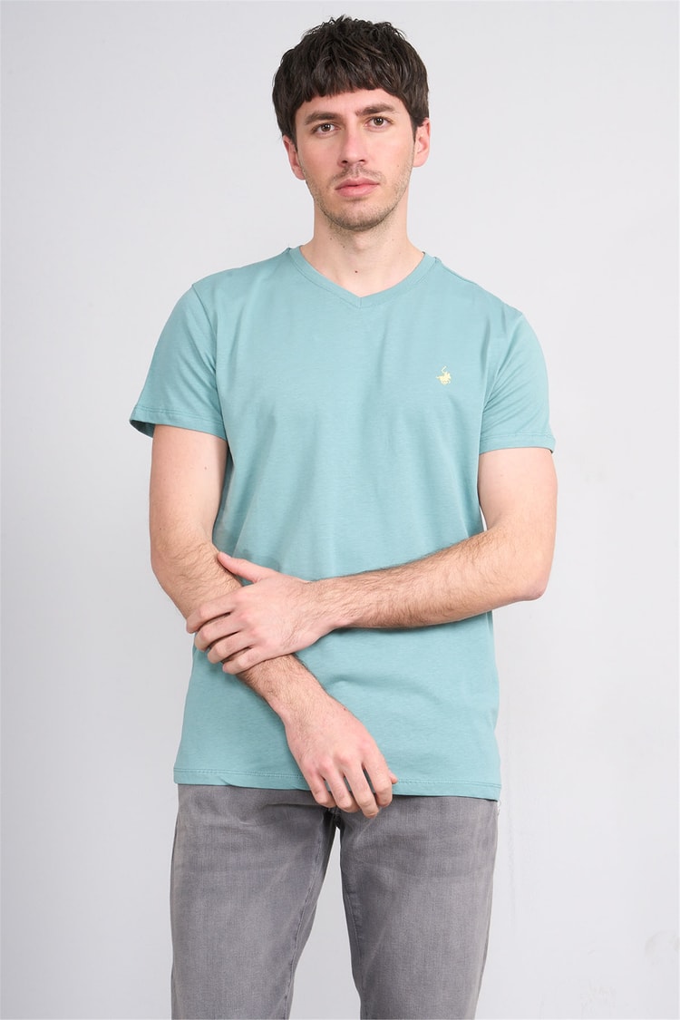 Çetinkaya Chester Polo 4505 V Yaka Slimfit Nakışlı T-shirt Açık Petrol