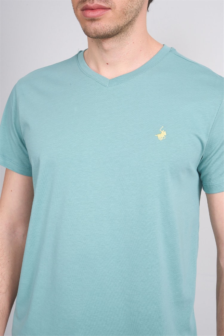 Çetinkaya Chester Polo 4505 V Yaka Slimfit Nakışlı T-shirt Açık Petrol