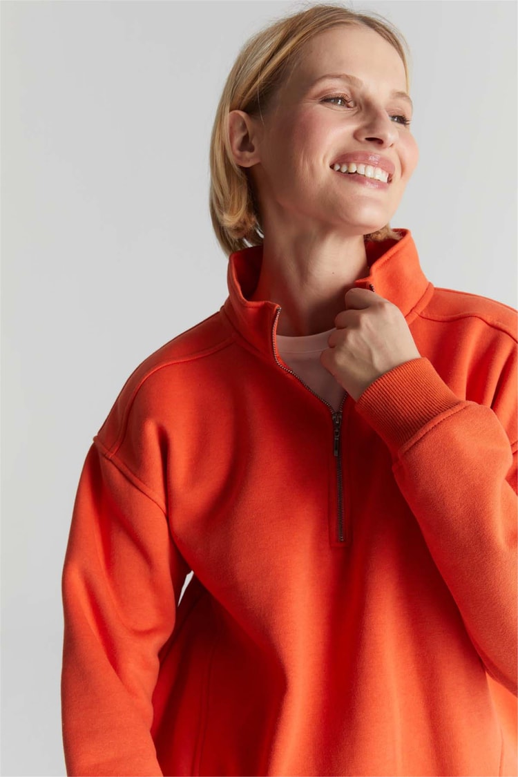 Çetinkaya Chester Polo 8055 Kadın Dik Yaka 3 İplik Şardonlu Sweatshirt Oranj