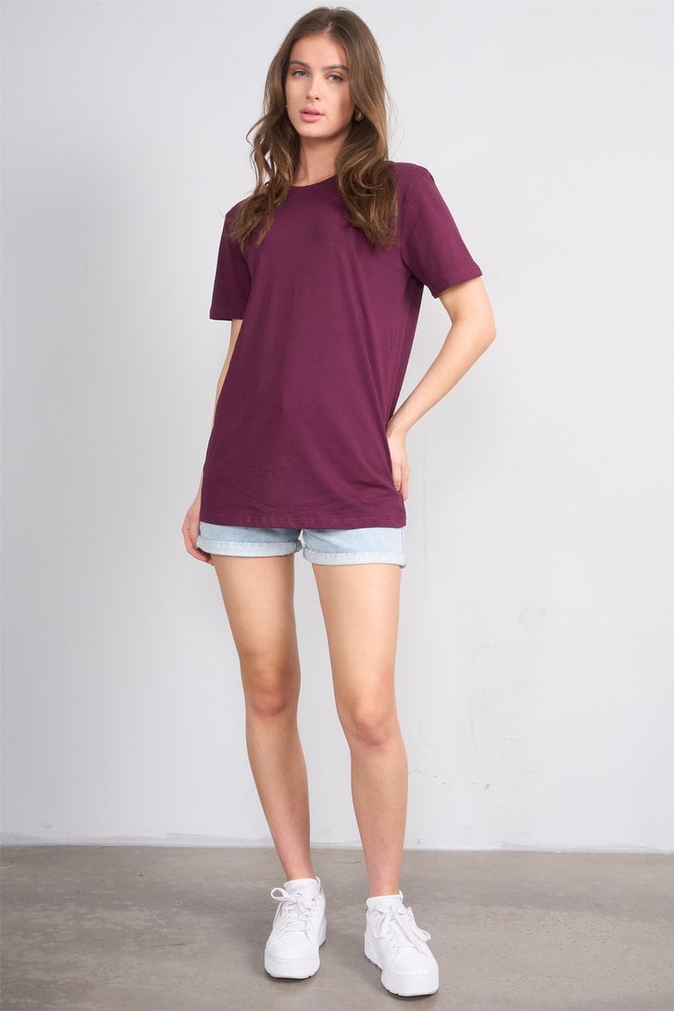 Çetinkaya Fithit 3264 Bayan Bisiklet Yaka 30/1 Penye Regular Basic T-shirt Mürdüm