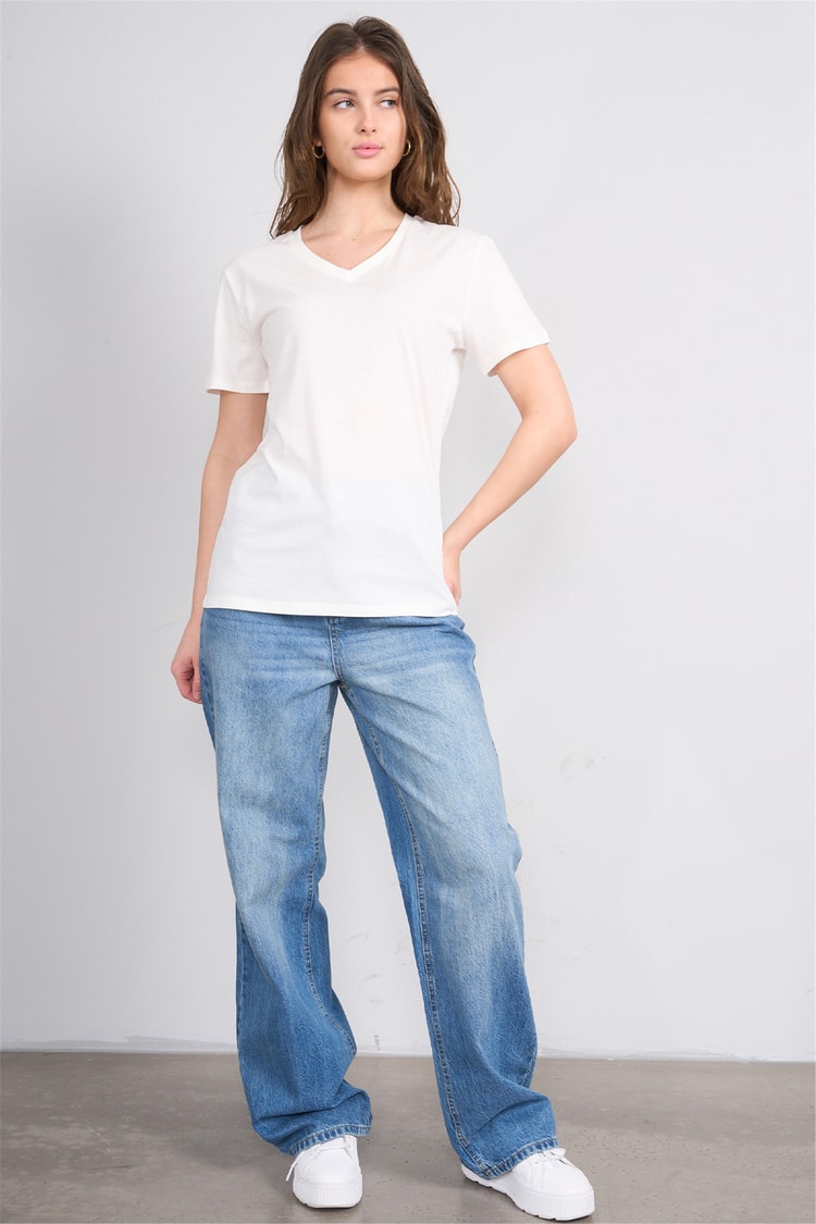 Çetinkaya Fithit 3265 Bayan V Yaka 30/1 Penye Regular Basic T-shirt Krem