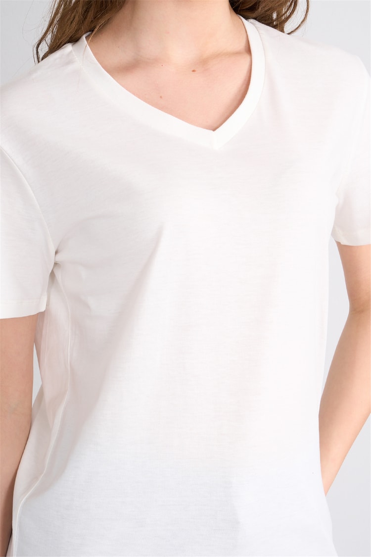 Çetinkaya Fithit 3265 Bayan V Yaka 30/1 Penye Regular Basic T-shirt Krem