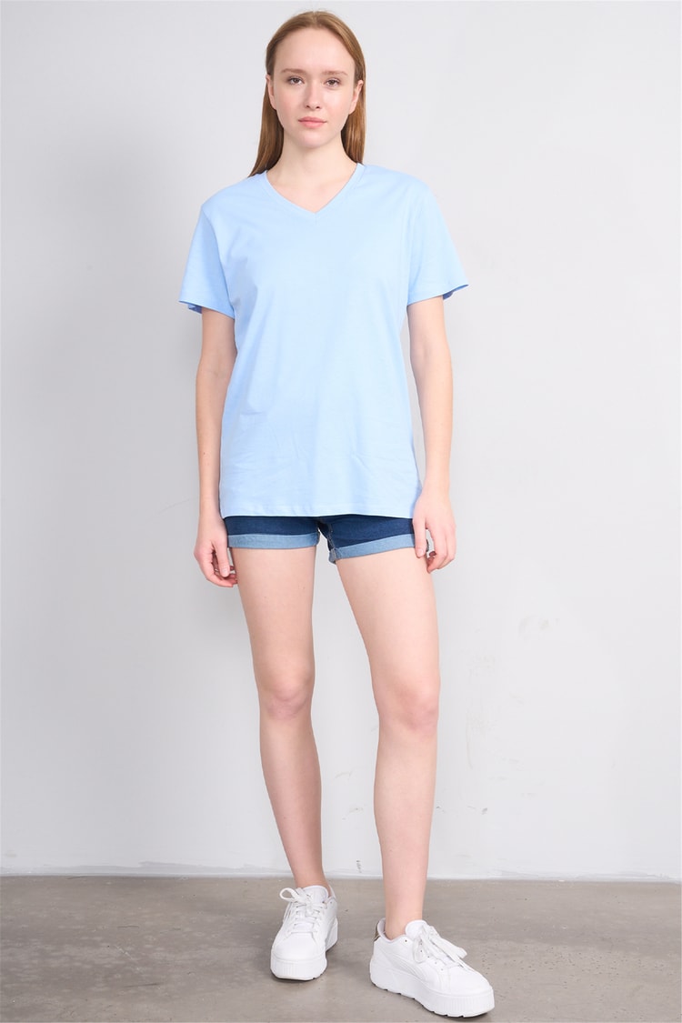 Çetinkaya Fithit 3265 Bayan V Yaka 30/1 Penye Regular Basic T-shirt Bebe Mavi