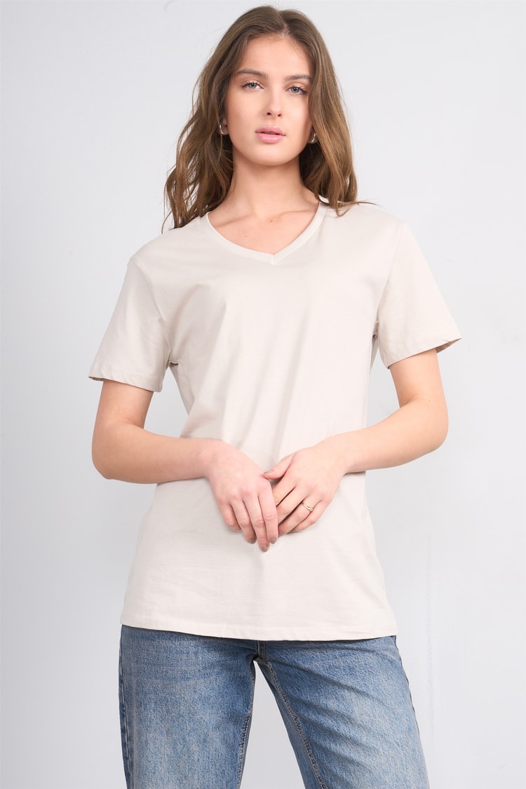 Çetinkaya Fithit 3265 Bayan V Yaka 30/1 Penye Regular Basic T-shirt Vizon
