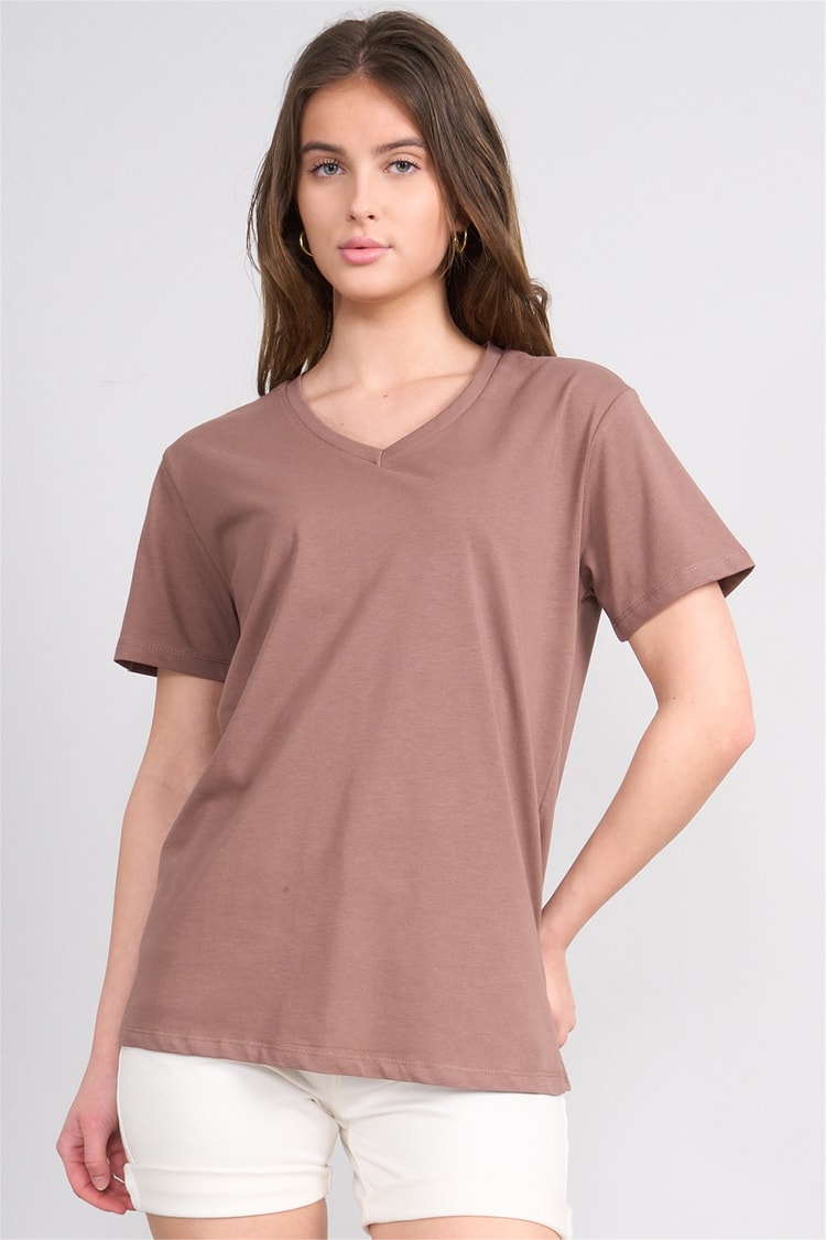 Çetinkaya Fithit 3265 Bayan V Yaka 30/1 Penye Regular Basic T-shirt Kakao