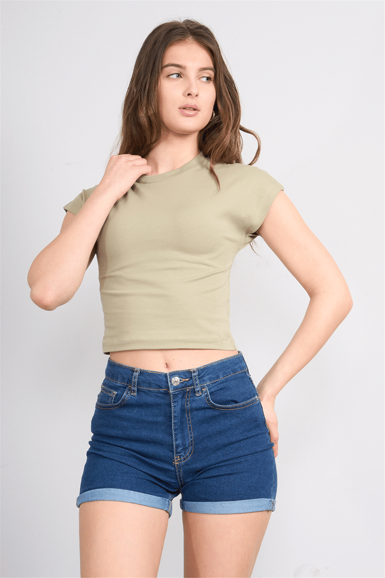 Çetinkaya Fithit 3266 Bayan Bisiklet Yaka 30/1 Penye Crop T-shirt Koyu Vizon