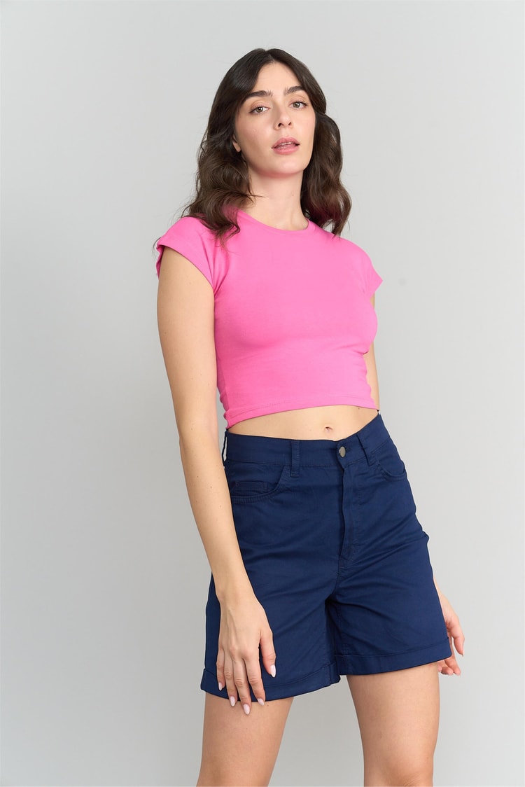 Çetinkaya Fithit 3266 Kadın Bisiklet Yaka Penye Basic Crop T-Shirt Fuşya