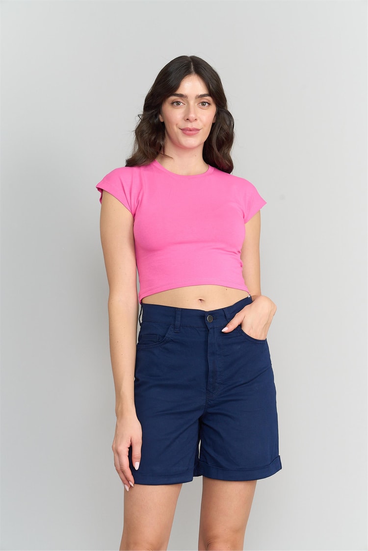 Çetinkaya Fithit 3266 Kadın Bisiklet Yaka Penye Basic Crop T-Shirt Fuşya