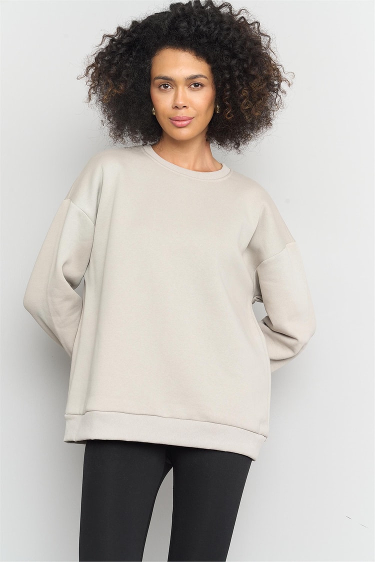 Çetinkaya Fithit 8128 Kadın Bisiklet Yaka 3 İplik Şardonlu Basic Sweatshirt Vizon