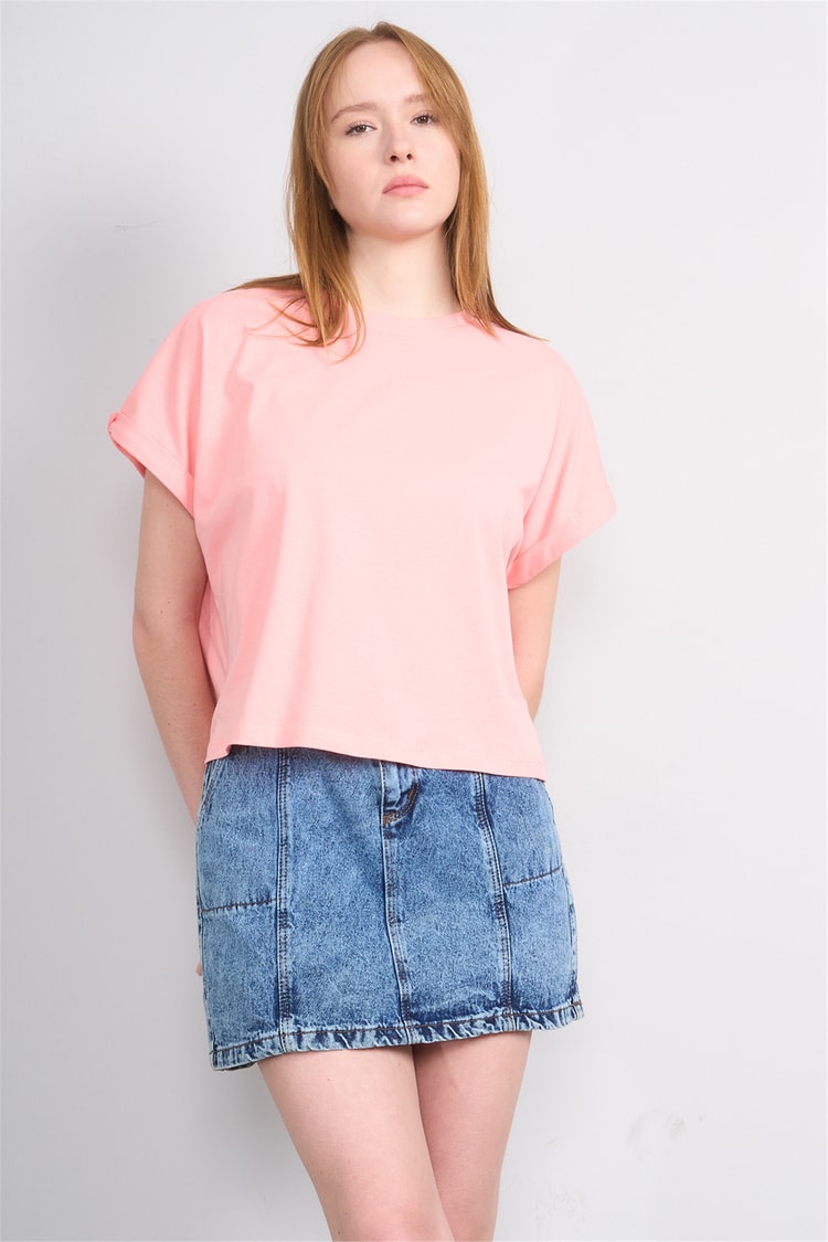 Çetinkaya Fithit 8382 Bayan Bisiklet Yaka 30/1 Penye Oversize T-shirt Açık Somon