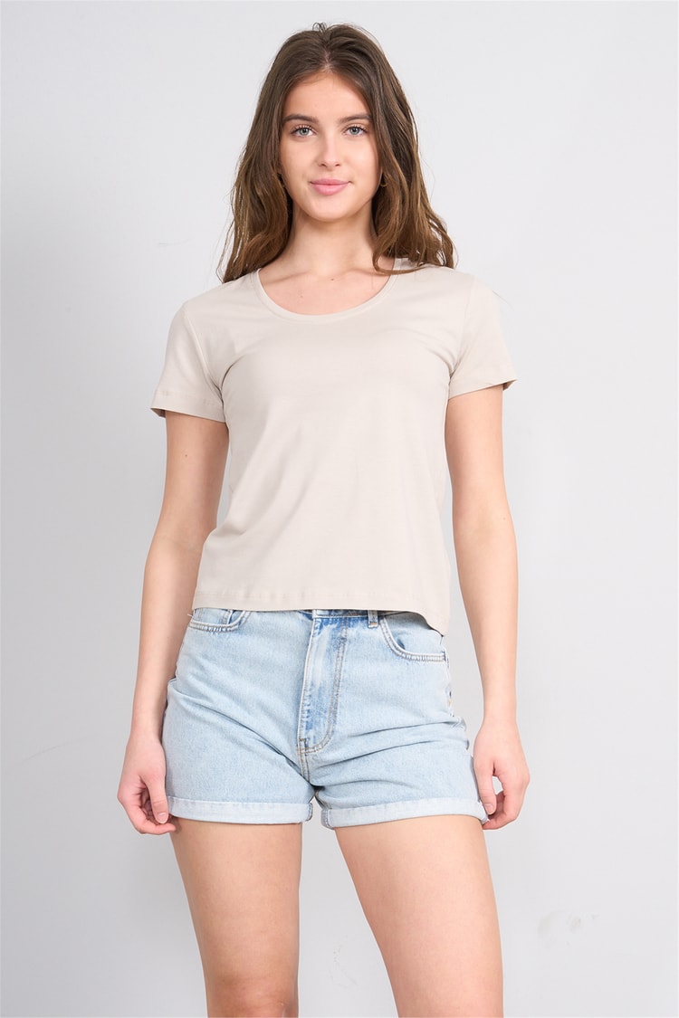 Çetinkaya Fithit 8464 Bayan U Yaka Slimfit T-shirt Vizon