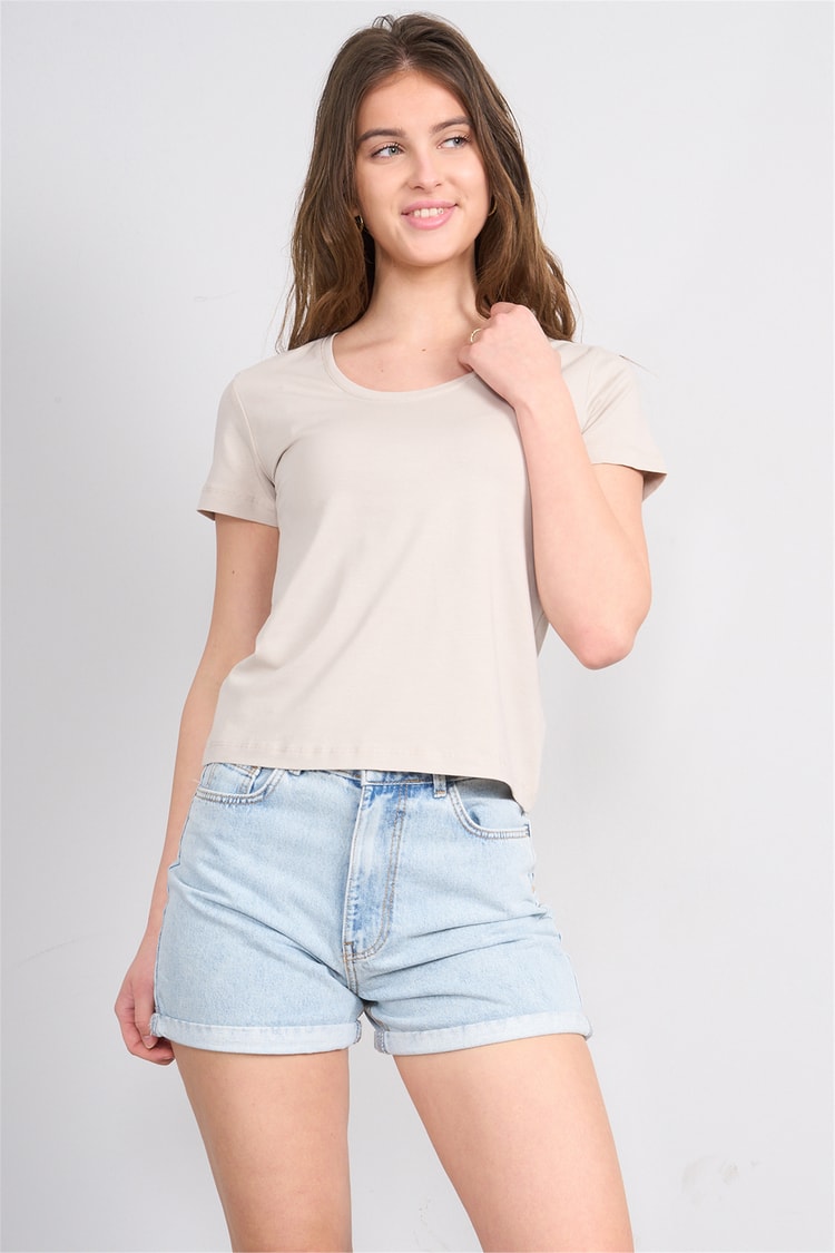 Çetinkaya Fithit 8464 Bayan U Yaka Slimfit T-shirt Vizon