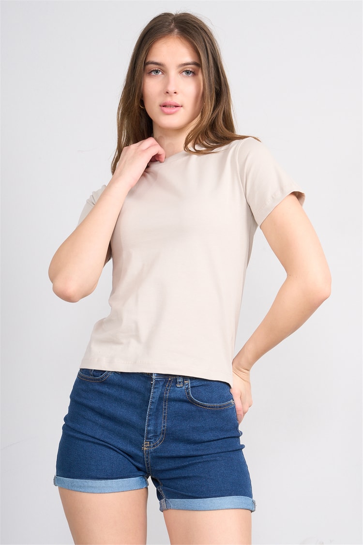 Çetinkaya Fithit 8501 Bayan Bisiklet Yaka Slimfit Penye Süprem T-shirt Vizon