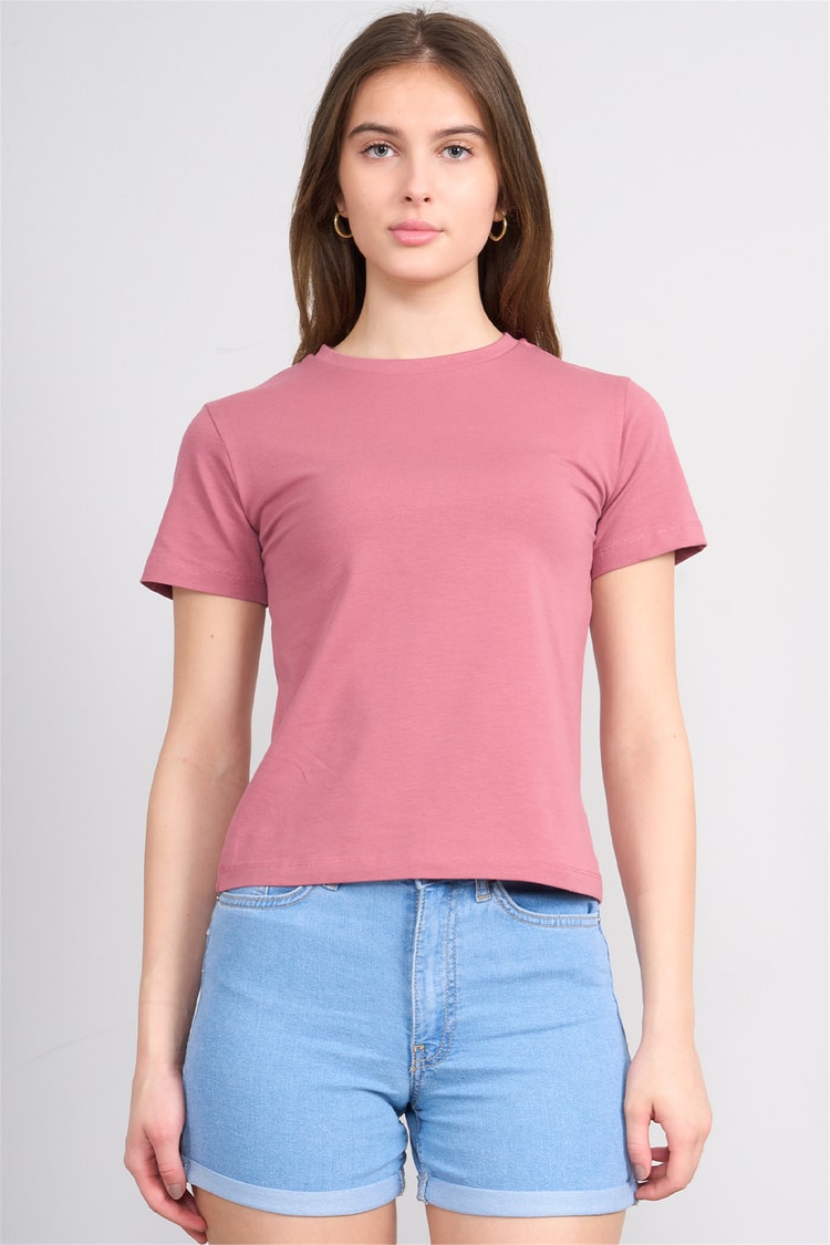 Çetinkaya Fithit 8501 Bayan Bisiklet Yaka Slimfit Penye Süprem T-shirt Gül Kurusu
