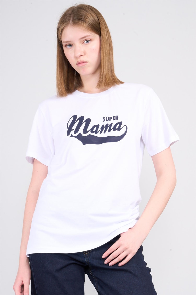 Çetinkaya Fithit 8512 Bayan Bisiklet Yaka 30/1 Penye Baskılı Regular T-shirt Beyaz