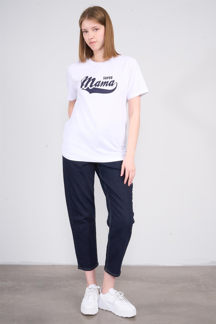 Çetinkaya Fithit 8512 Bayan Bisiklet Yaka 30/1 Penye Baskılı Regular T-shirt Beyaz