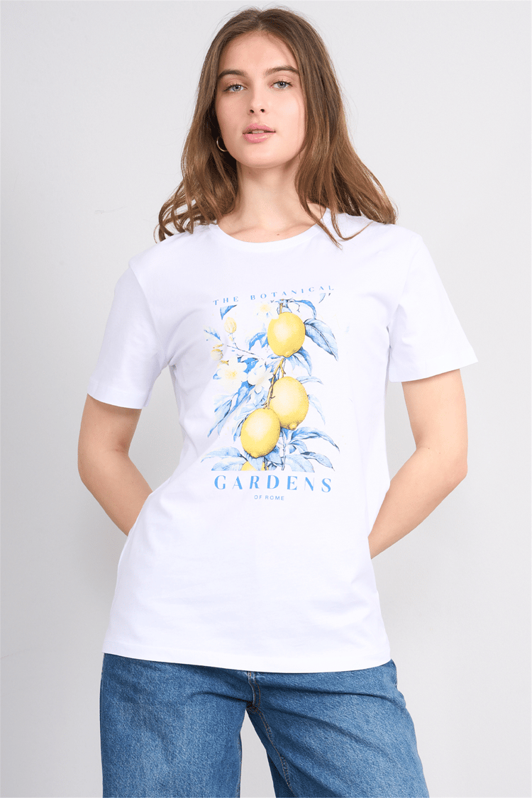 Çetinkaya Fithit 8899 Bayan Bisiklet Yaka Regular Baskılı T-shirt Beyaz