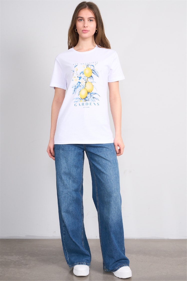 Çetinkaya Fithit 8899 Bayan Bisiklet Yaka Regular Baskılı T-shirt Beyaz