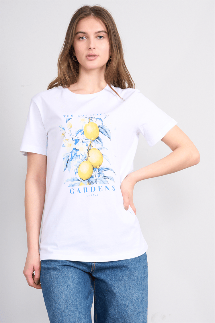 Çetinkaya Fithit 8899 Bayan Bisiklet Yaka Regular Baskılı T-shirt Beyaz