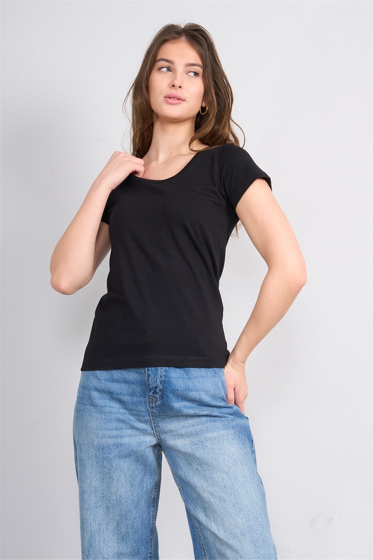Çetinkaya Fithit 8913 Bayan Kayık Yaka Penye Süprem T-shirt Siyah