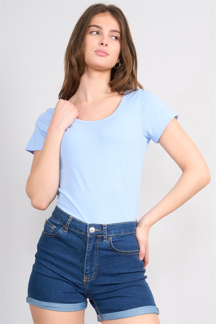 Çetinkaya Fithit 8913 Bayan Kayık Yaka Penye Süprem T-shirt Bebe Mavi