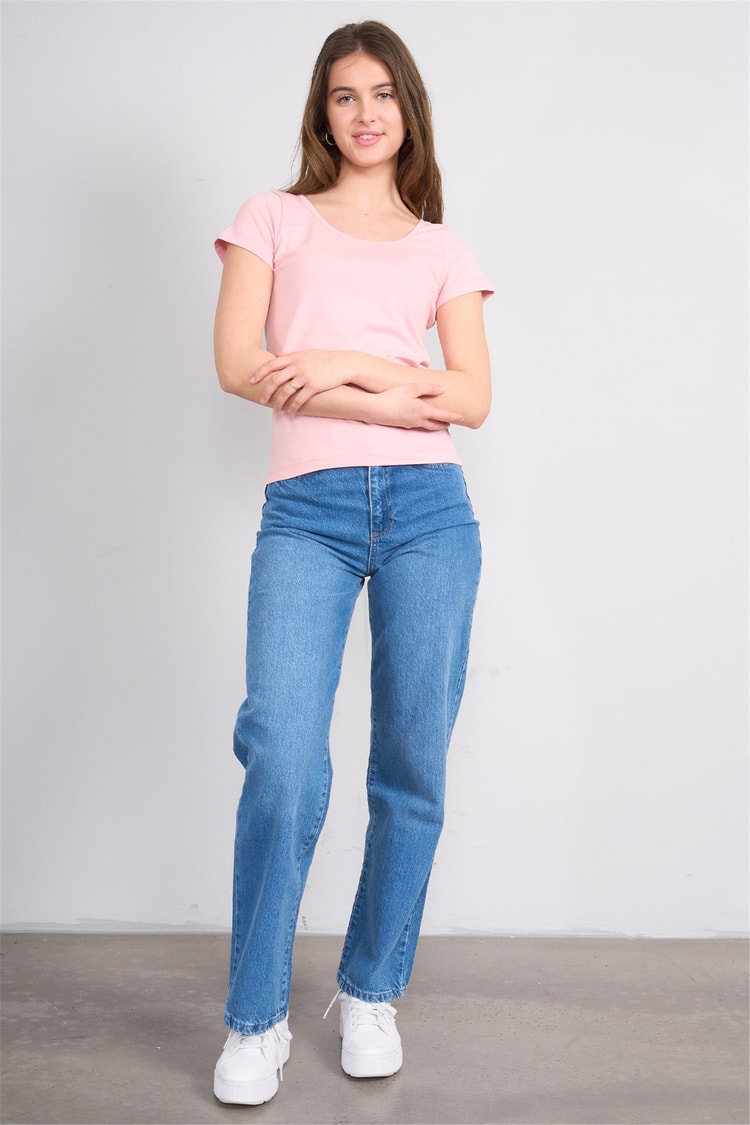 Çetinkaya Fithit 8913 Bayan Kayık Yaka Penye Süprem T-shirt Pudra