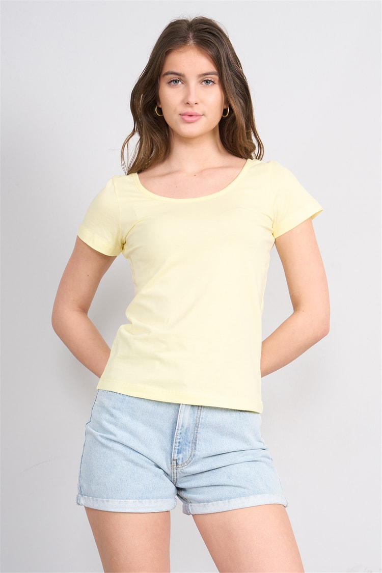 Çetinkaya Fithit 8913 Bayan Kayık Yaka Penye Süprem T-shirt Uçuk Sarı