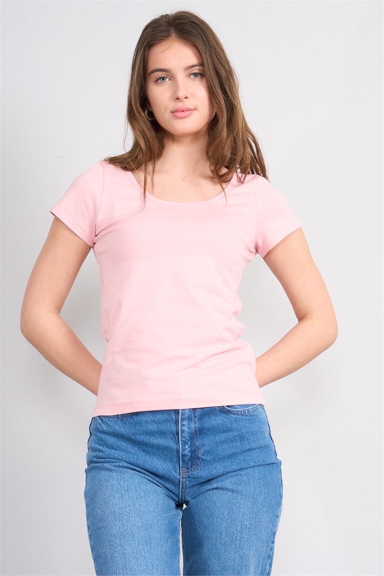 Çetinkaya Fithit 8913 Bayan Kayık Yaka Penye Süprem T-shirt Pudra