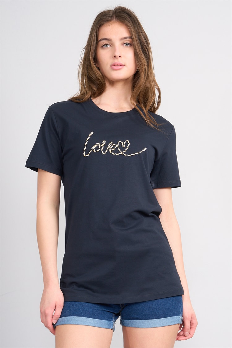Çetinkaya Fithit 8915 Bayan Bisiklet Yaka Regular Nakışlı T-shirt Lacivert