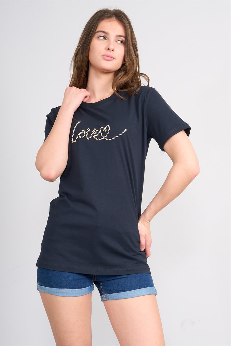 Çetinkaya Fithit 8915 Bayan Bisiklet Yaka Regular Nakışlı T-shirt Lacivert