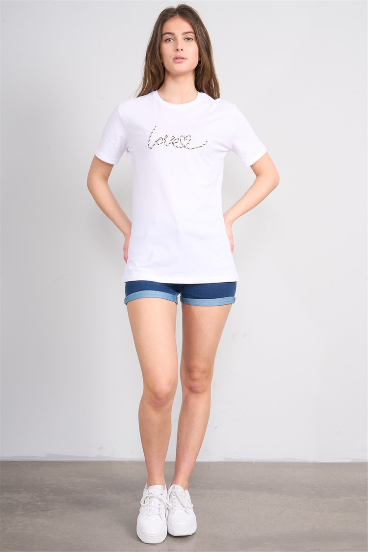 Çetinkaya Fithit 8915 Bayan Bisiklet Yaka Regular Nakışlı T-shirt Beyaz