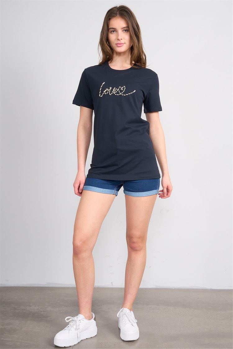 Çetinkaya Fithit 8915 Bayan Bisiklet Yaka Regular Nakışlı T-shirt Lacivert