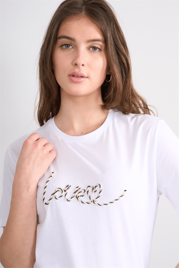 Çetinkaya Fithit 8915 Bayan Bisiklet Yaka Regular Nakışlı T-shirt Beyaz