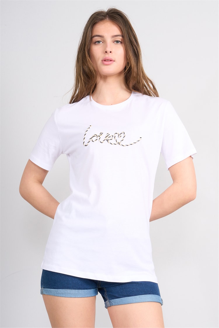 Çetinkaya Fithit 8915 Bayan Bisiklet Yaka Regular Nakışlı T-shirt Beyaz
