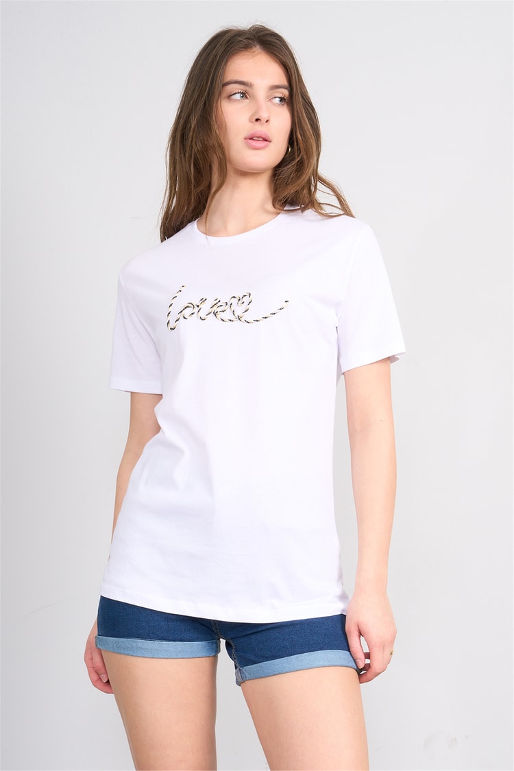 Çetinkaya Fithit 8915 Bayan Bisiklet Yaka Regular Nakışlı T-shirt Beyaz