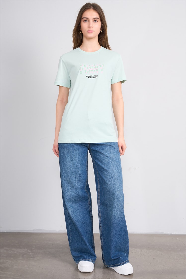 Çetinkaya Fithit 8952 Bayan Bisiklet Yaka Regular Nakışlı T-shirt Çağla