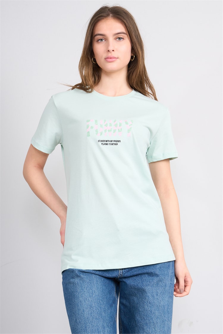 Çetinkaya Fithit 8952 Bayan Bisiklet Yaka Regular Nakışlı T-shirt Çağla